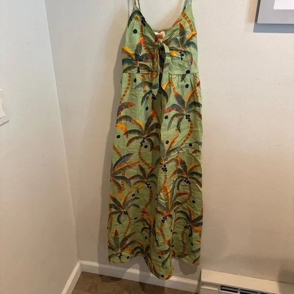 FARM Rio New Anthropologie Tie-Front Linen Dress Size Green Palm Tree  Pockets Xs - threedaughtersproperties.com